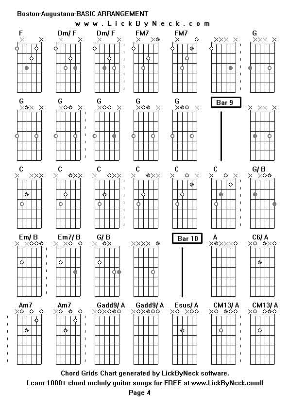 Chord Grids Chart of chord melody fingerstyle guitar song-Boston-Augustana-BASIC ARRANGEMENT,generated by LickByNeck software.